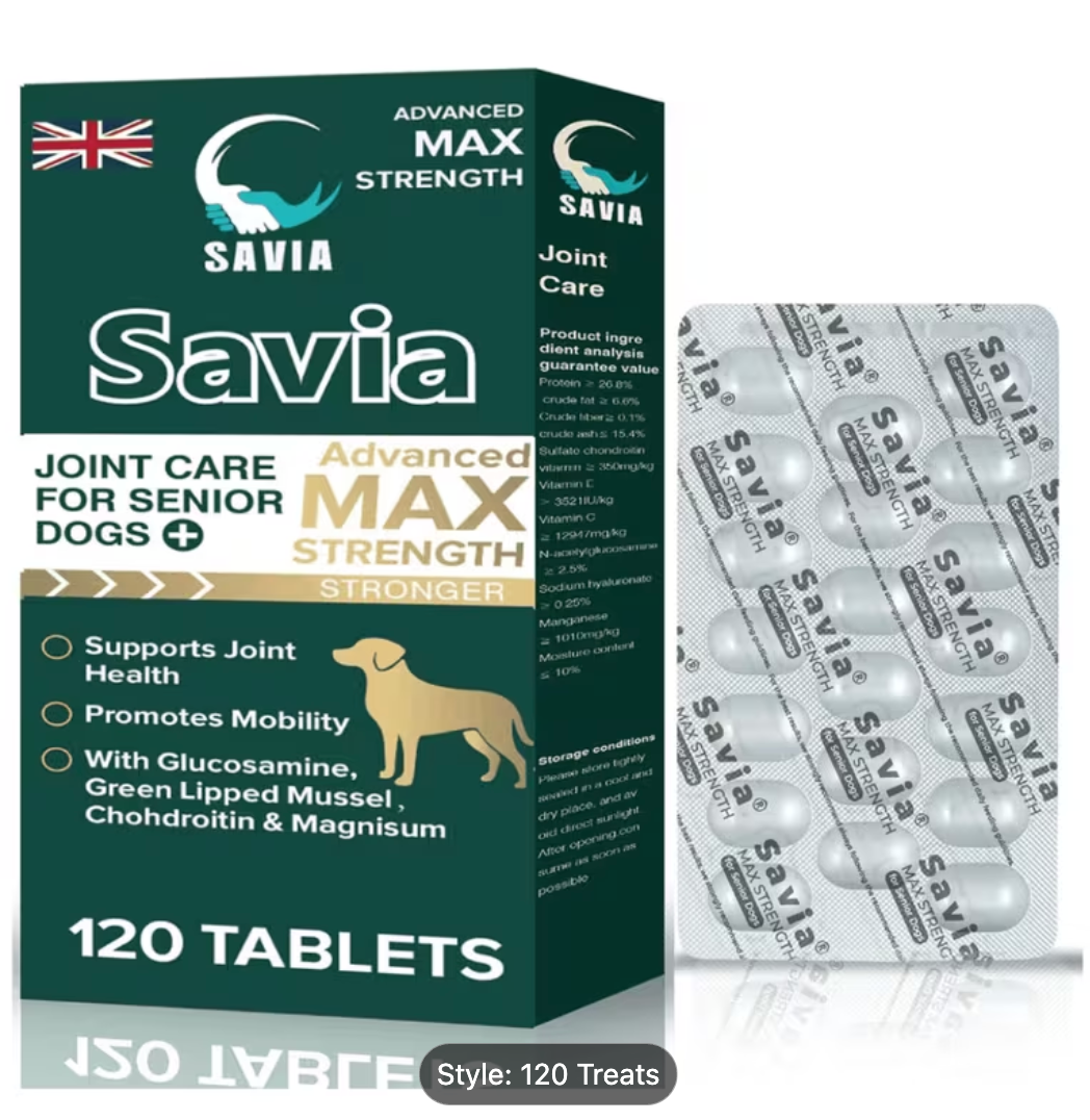 Savia Advanced Max Strength Joint Care for Senior Dogs box and tablet blister pack