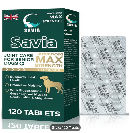 Savia Advanced Max Strength Joint Care for Senior Dogs box and tablet blister pack